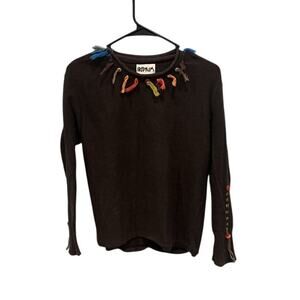 Iridium Womens Yarn Fringe Trim Sweater Brown 90s Grunge Hippie Goblincore Indie